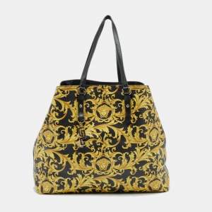 Versace Black/Yellow Barocco Print Coated Canvas Shopper Tote