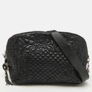 Versace Black Leather Quilted Embroidered Zip Satchel