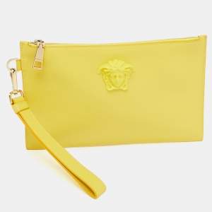 Versace Yellow Leather La Medusa Wristlet Zip Pouch