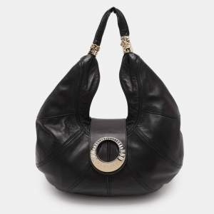 Versace Black Leather Crystal Embellished Flap Hobo