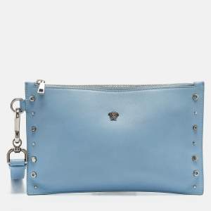 Versace Blue Leather Studded Medusa Wristlet Pouch