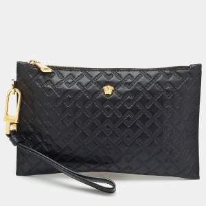 Versace Black Monogram Embossed Leather Medusa Zip Pouch