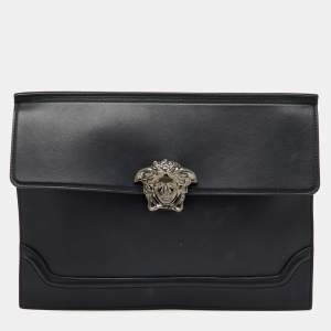 Versace Black Leather Medusa Flap Pouch Clutch