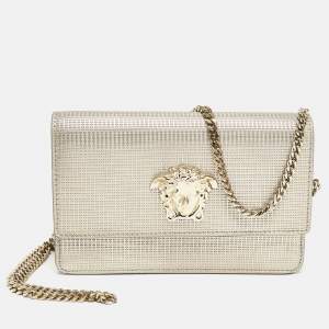 Pre Owned Versace Light Gold Embossed Leather Medusa Chain Shoulder Bag