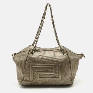 Versace Metallic Greca Embossed Leather Zip Chain Tote