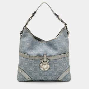 Versace Metallic Silver/Grey Signature Canvas and Leather Medusa Trim Shoulder Bag
