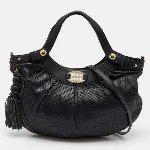 Versace Black Perforated Leather Tassel Shoulder Bag