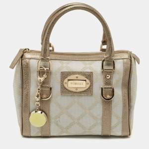 Versace Grey/Metallic Beige Jacquard Canvas and Leather Satchel