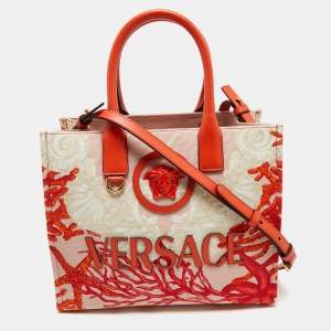 Versace Coral Underwater Barocco Canvas and Leather Small La Medusa Tote