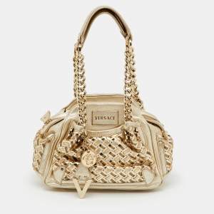 Pre Owned Versace Metallic Gold Woven Leather Chain Link Satchel