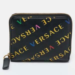 Pre Owned Versace Black/Yellow Leather Logo Zip Compact Wallet