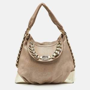 مملوكة مسبقًا حقيبة هوبو فيرساتشي جلد ذهبي / بيج معدني مع سلسلة رابط فلاب