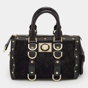 Pre Owned Versace Black Satin and Leather Plisse Snap Out Of It Satchel