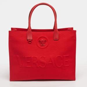 Pre Owned Versace Red Canvas and Leather La Medusa Logo Shopper Tote