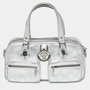Pre Owned Versace Silver Monogram Embossed Leather Medusa Pocket Satchel