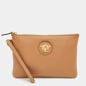 Pre Owned Versace Brown Leather Medusa Wristlet Pouch