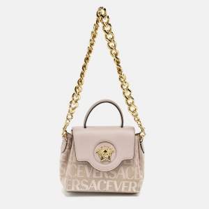 Pre Owned Versace Lilac Jacquard Canvas and Leather Small La Medusa Top Handle Bag