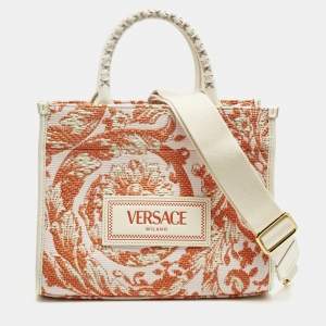 Pre Owned Versace Orange/Pink Canvas and Raffia Small Barocco Athena Tote