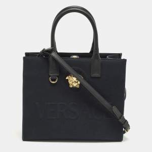 Pre Owned Versace La Medusa Small Navy Blue/Black Canvas Tote