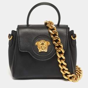 Pre Owned Versace La Medusa Black Leather Top Handle Bag