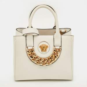 Pre Owned Versace La Medusa Chain White Leather Tote