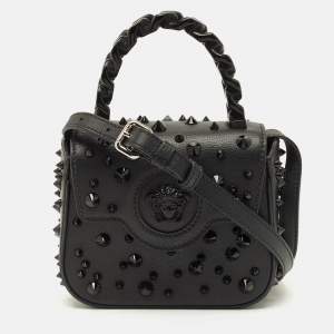 مملوكة مسبقًا Versace Studded La Medusa Mini Black Leather Top Handle Bag