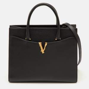 Pre Owned Versace Virtus Black Pebbled Leather Tote