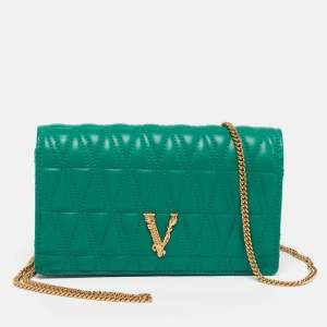 Pre Owned Versace Virtus Green Quilted Leather Chain Bag
