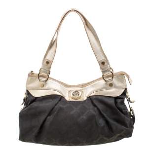 Pre Owned Versace Black/Gold Fabric and Leather Medusa Head Logo Satchel