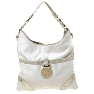 Pre Owned Versace White/Silver Signature Fabric and Leather Hobo