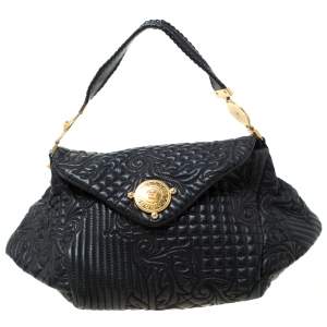 Versace Black Quilted Barocco Leather Top Handle Bag