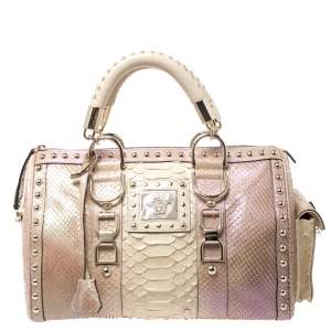 Pre Owned Versace Metallic Beige Python Snap Out Of It Satchel