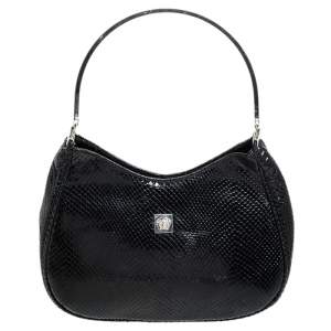 Versace Black Snakeskin Embossed Leather Metal Handle Hobo