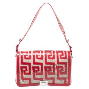Pre Owned Versace Beige/Red Coated Canvas and Patent Leather Flap Shoulder Bag