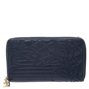 Versace Navy Blue Leather Vanitas Zip Around Wallet