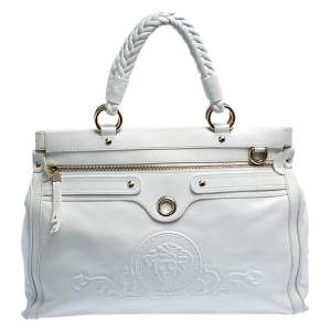 Pre Owned Versace White Leather Logo Embossed Tote