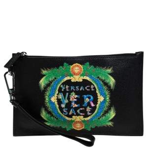 Pre Owned Versace Black Leather Floral Printed Wristlet Pouch