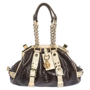 Versace Brown/Cream Croc Embossed Leather Medusa Satchel
