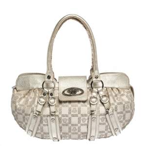 Versace Gold Signature Canvas and Leather Medussa Buckle Satchel