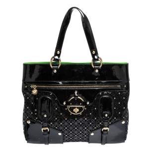 Versace Black Lasercut Patent Leather and Suede Studded Tote