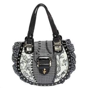 Versace Black/Green Printed Leather Studded Ruffle Hobo