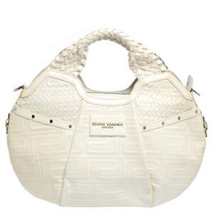 Versace Ivory Quilted and Woven Patent Leather Hobo