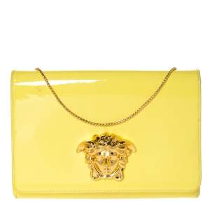 Pre Owned Versace Yellow Patent Leather Medusa Chain Clutch