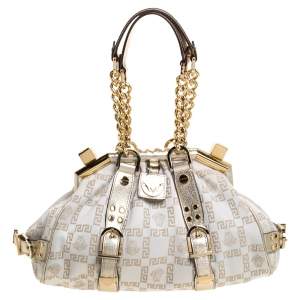 Pre Owned Versace Beige/Metallic Canvas and Leather Madonna Boston Bag