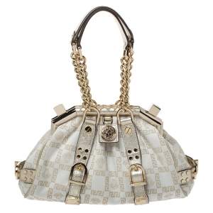 Versace Gold/White Signature Fabric and Leather Frame Satchel