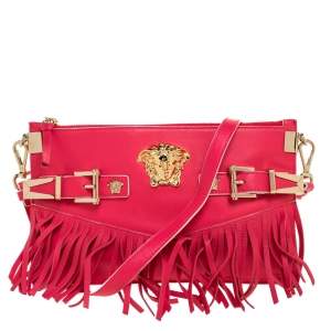 Pre Owned Versace Hot Pink Leather Fringed Medusa Shoulder Bag