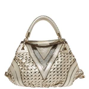 Pre Owned Versace Metallic Gold Woven Leather Crystal Embellished V Satchel