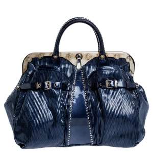 Versace Blue Striped Patent Leather Studded Frame Satchel 