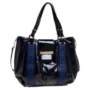Pre Owned Versace Two Tone Blue Patent Vinyl and Leather Side Zip Tote