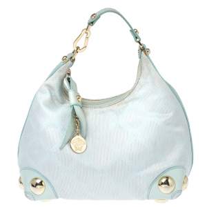 Versace Light Turquoise Signature Canvas and Leather Small Studded Hobo 